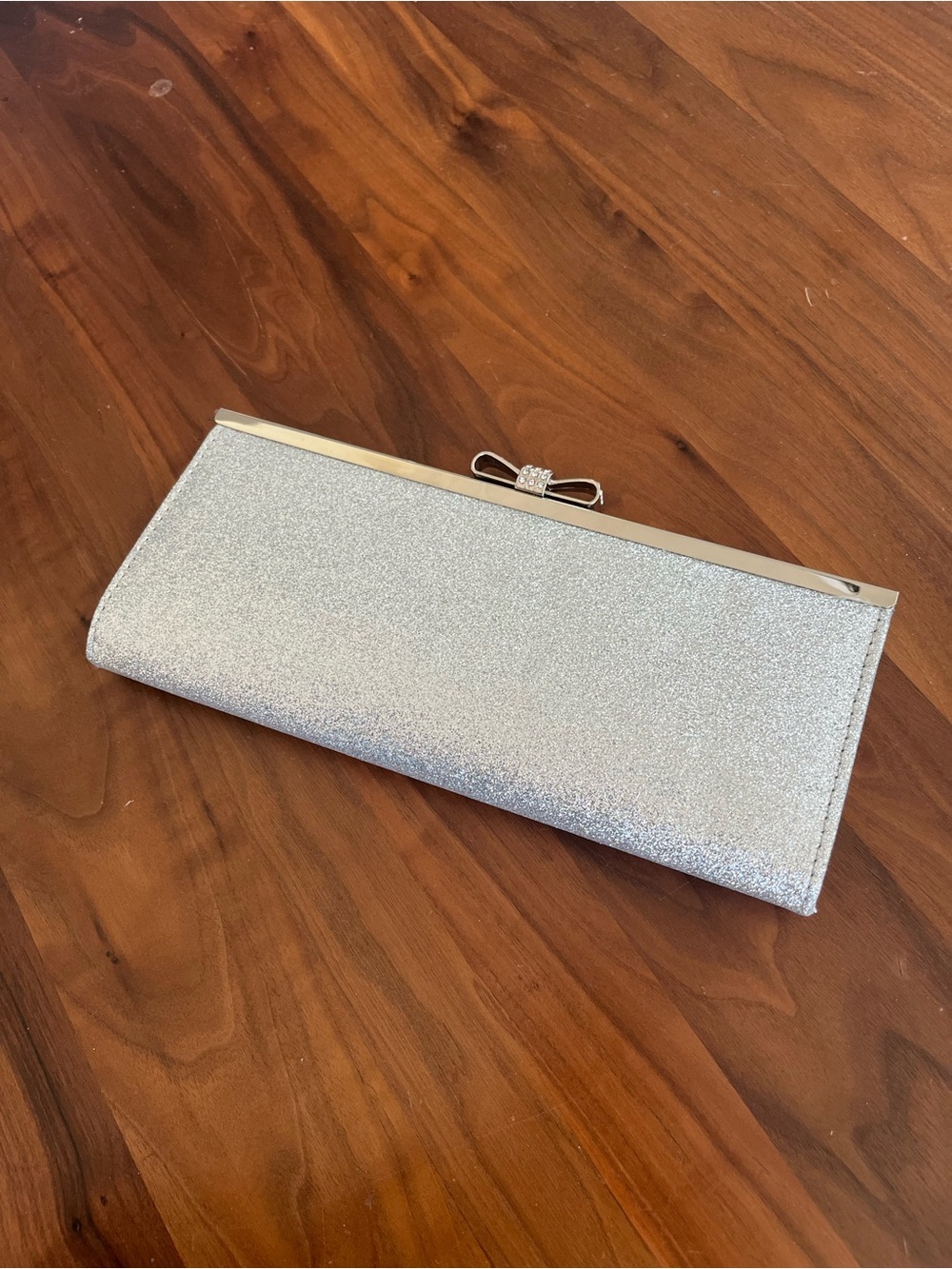 INC International Concepts Silver Glitter Bow Clasp Evening Clutch